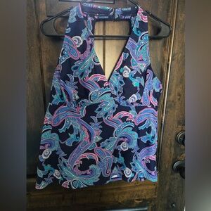 Kona Sol Paisley Halter Tankini Top - Navy/Pink/Teal - Size 16W - NWT